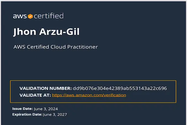 The AWS Certified Cloud Practitioner certification validates my foundational knowledge of Amazon Web Services (AWS) and its core services. It demonstrates my understanding of cloud concepts, AWS architecture, global infrastructure, security and compliance, billing and pricing models, and the shared responsibility model.

Key competencies include:
Identifying basic AWS services like EC2, S3, RDS, Lambda, and CloudFront
Understanding cloud deployment models and the value proposition of cloud computing
Navigating the AWS Management Console and leveraging AWS Support resources
Explaining AWS’s approach to security, fault tolerance, and high availability

This certification supports my ability to contribute to cloud migration strategies, support cloud-first initiatives, and work effectively alongside cloud engineers and solution architects.