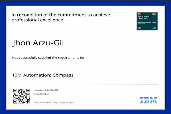 The IBM Automation: Compass badge demonstrates foundational knowledge of intelligent automation and how businesses use automation to improve efficiency, reduce costs, and drive innovation.

Key areas of learning include:
Understanding the IBM Automation framework, including workflow automation, decision automation, robotic process automation (RPA), and AI-powered automation
Identifying how automation aligns with business goals and transforms operations across industries
Learning how to map out automation opportunities within existing workflows
Exploring use cases and success stories that show how automation improves scalability and reduces manual effort
Gaining insight into IBM tools and platforms used to deploy and manage automation initiatives

This badge showcases my ability to recognize and contribute to automation strategies that deliver measurable business value.
