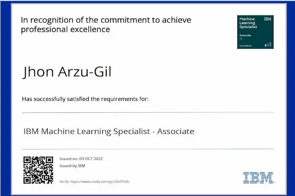 The IBM Machine Learning Specialist – Associate certification validates my ability to apply machine learning techniques to solve real-world problems using Python and IBM’s data science tools.

Key competencies gained include:
Understanding the machine learning lifecycle, including data preparation, model selection, training, evaluation, and deployment
Applying common algorithms such as linear regression, decision trees, logistic regression, SVMs, and clustering
Utilizing tools like Python, scikit-learn, Pandas, and IBM Watson Studio for model development
Performing feature engineering, hyperparameter tuning, and cross-validation to optimize model performance
Interpreting model results using confusion matrices, ROC curves, and other performance metrics
Demonstrating awareness of model bias, fairness, and responsible AI practices

This certification confirms my ability to contribute to AI and data science projects by building, testing, and deploying machine learning models that generate actionable insights.